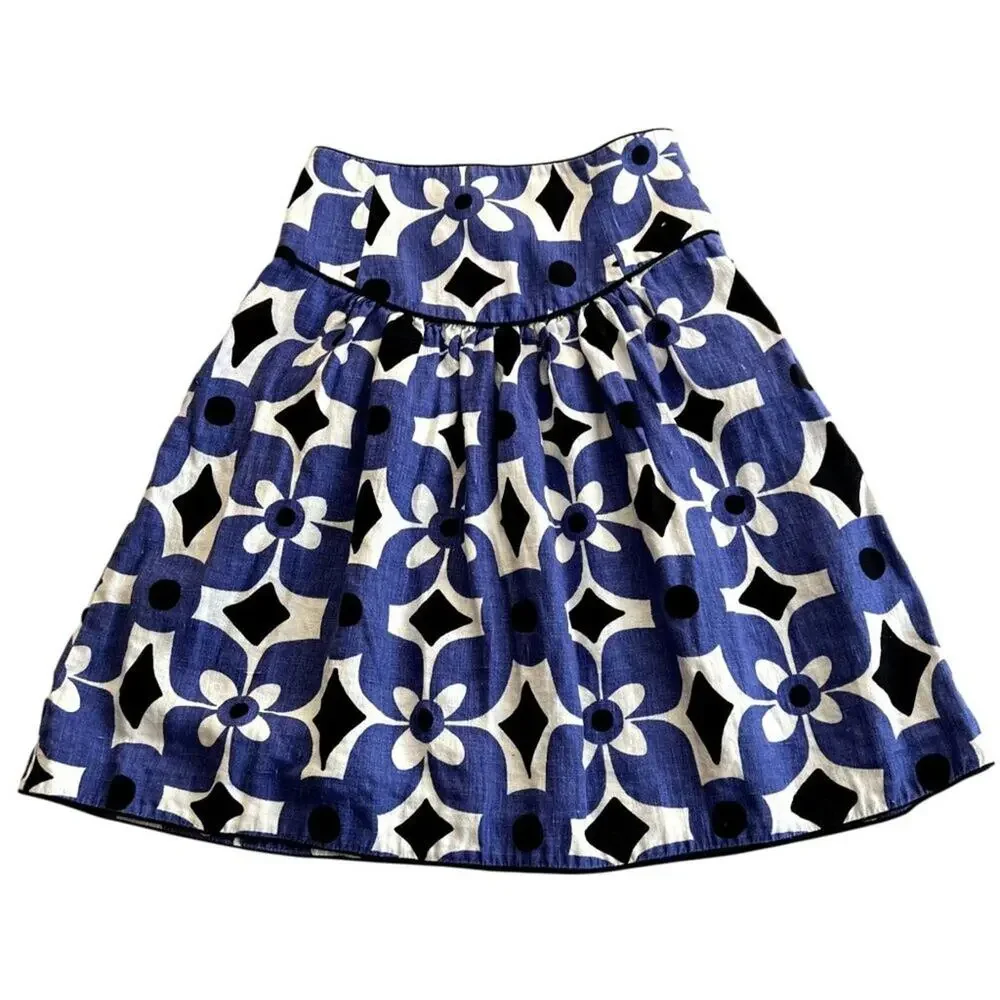 MNG Suit Mango 100% Linen Mini Skirt Size 4 Blue Floral A Line Flare